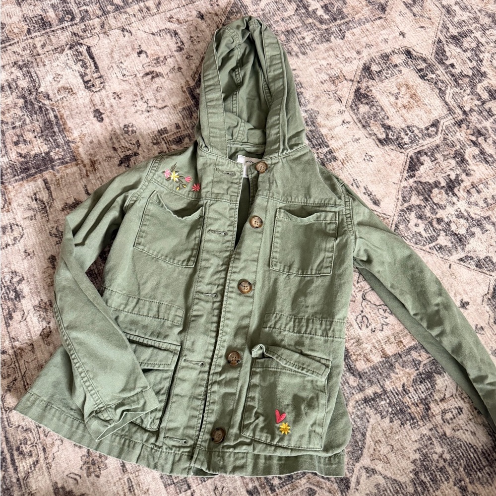 Old Navy Size M (8) Girls Olive Green Floral Embroidered Hooded Utility Jacket